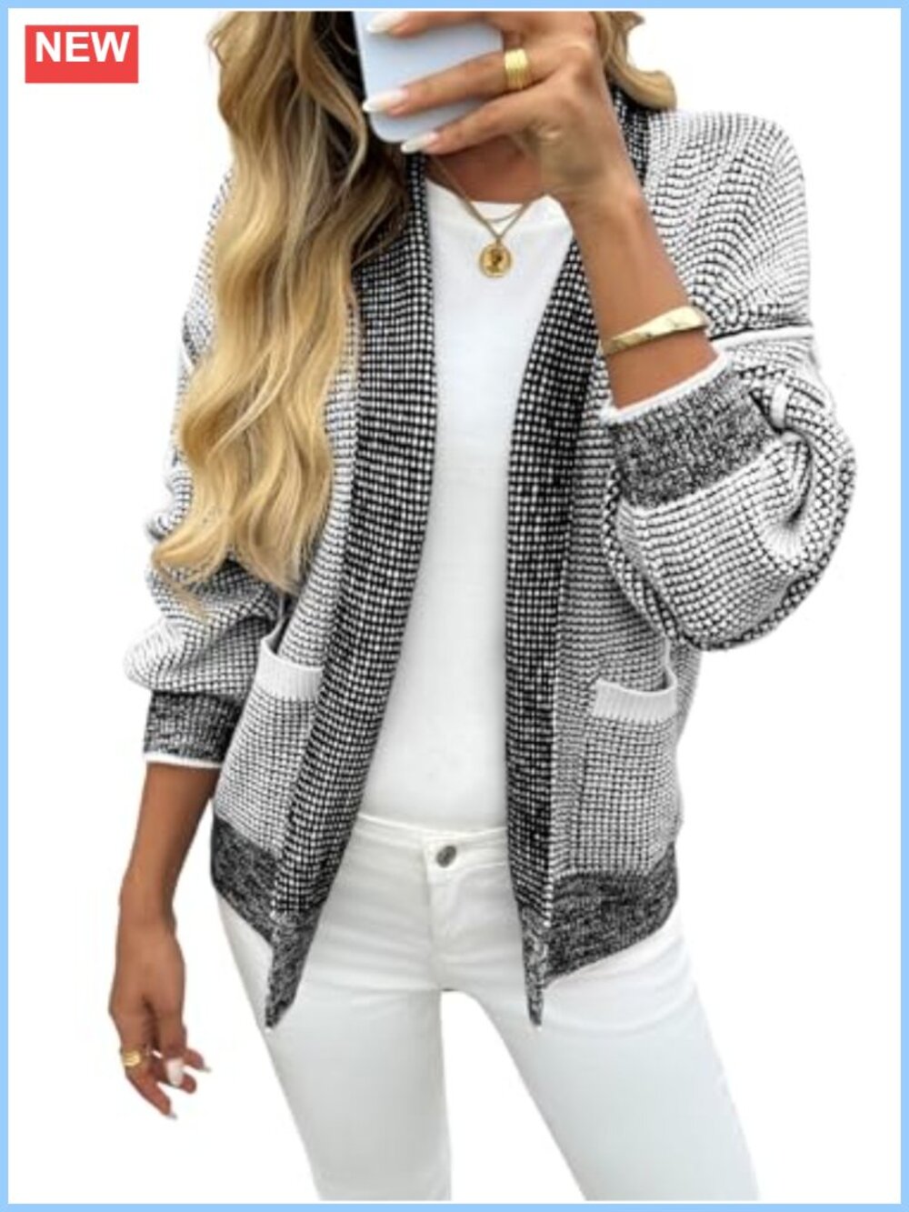 Saodimallsu Waffle Knit Cardigan Open Front Shawl Collar Pockets Women